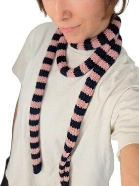 NWT Hand-Knit Merino Wool Skinny Scarf Navy Pink Striped Y2K